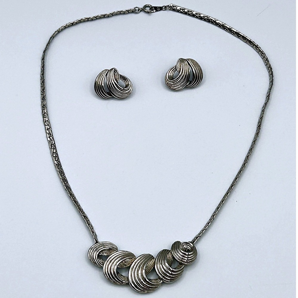 Napier Textured Crescent Link Necklace and Stud Earrings Set Silver Tone
